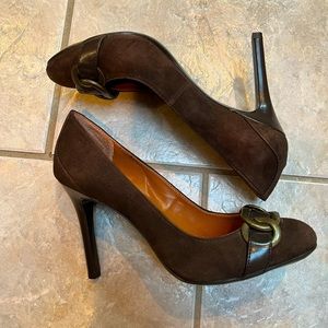 Calvin Klein chocolate brown suede pumps with brass buckle detail. Worn once.